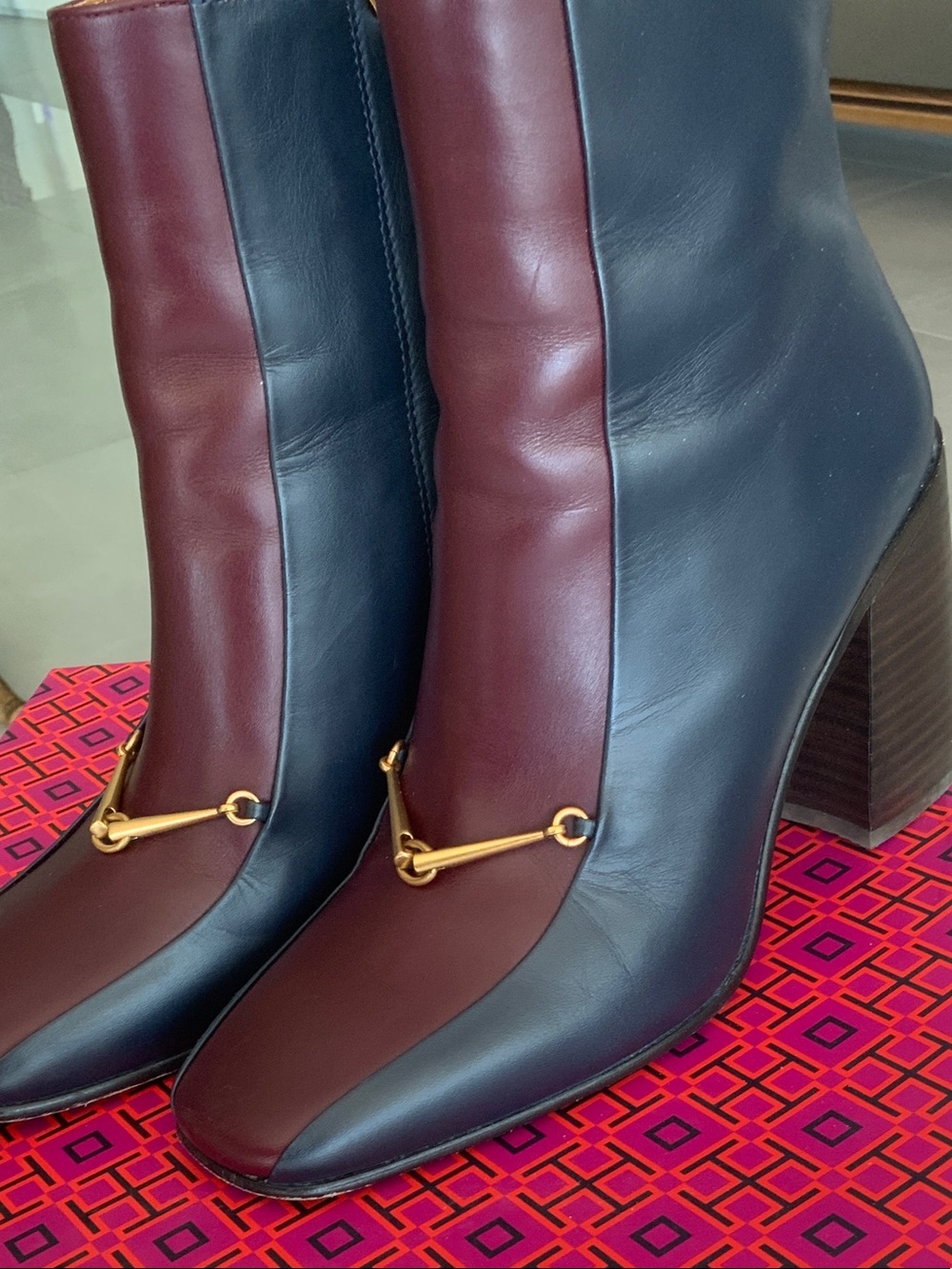 Tory Burch Two-Tone Burgundy and Navy Leather Block Heel Ankle Boots